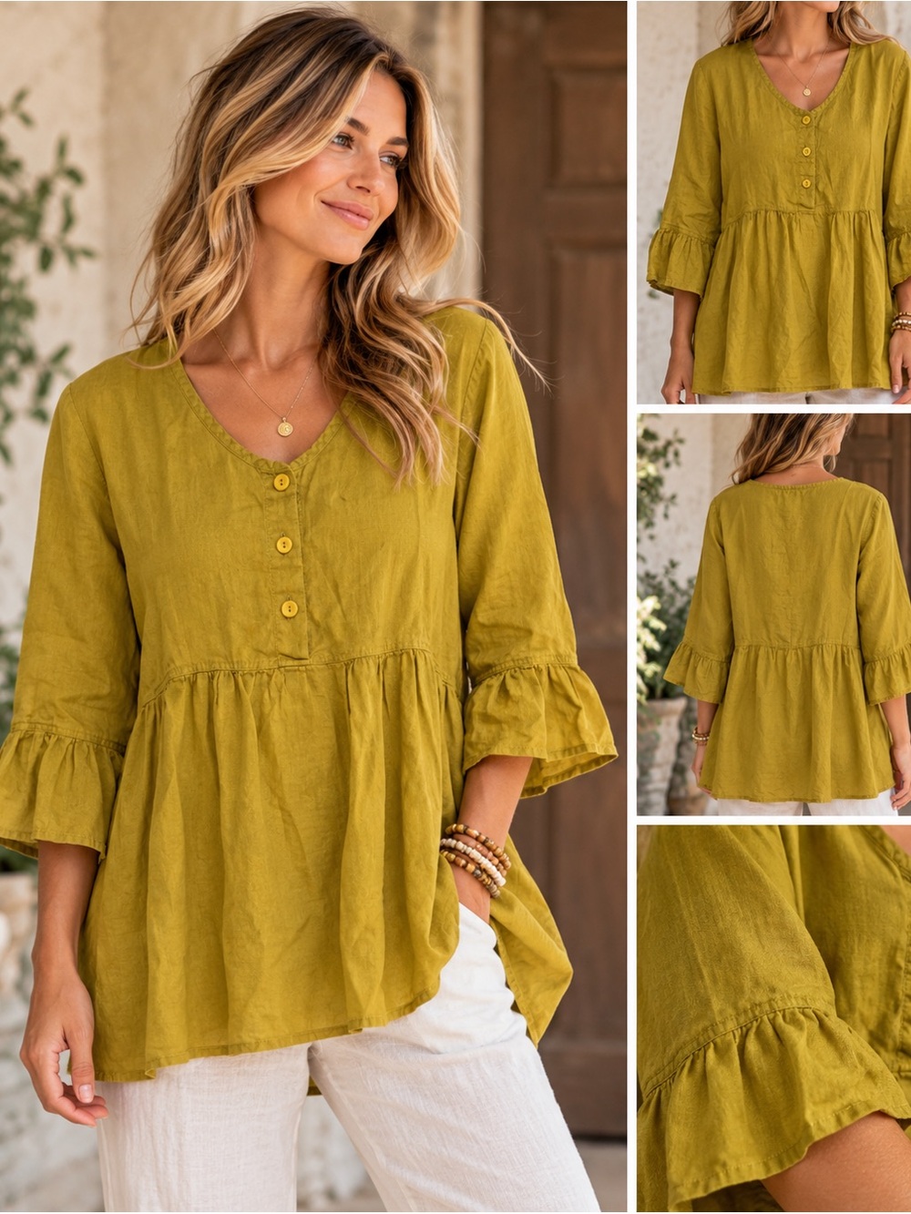 FLAX Mustard Yellow green Linen Tunic Blouse Size Medium